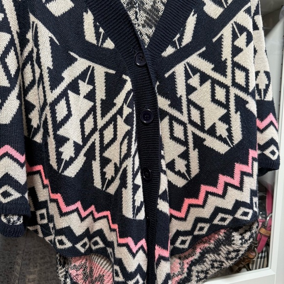 Rhapsody Colorful Blue and Beige Geometric Cardigan Sweater Poncho Size Medium - Picture 2 of 7